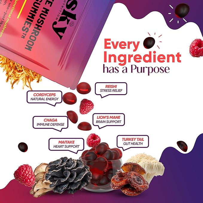 Mushroom Gummies for Adults - 10-in-1 Powerful Mushroom Complex w/Lions Mane Reishi Cordyceps Turkey Tail - for Mental Clarity Focus Immunity - Raspberry Flavored 60 Vegan Gummies