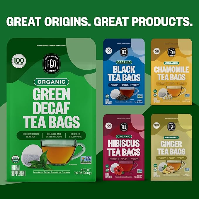 FGO Organic Green Decaf Tea 100 Count Eco-Conscious Tea Bags Resealable Bag Caffeine Free Packaging May Vary (Pack of 1)