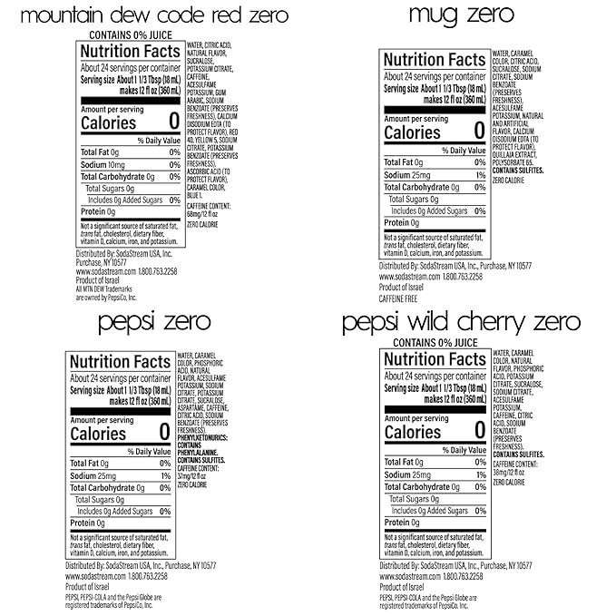 SodaStream Pepsi Wild Cherry MTN Dew Code Red Pepsi &amp Mug Root Variety Pack Zero Sugar 440ml Pack of 4