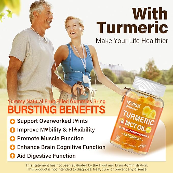 Turmeric Gummies 1000mg w/MCT Oil C8 C10 Organic Antioxidant Turmeric Curcumin Supplement with Black Pepper Extract Support Comfort Boost Energy Ultra Absorption Sugar Free 60 Cts