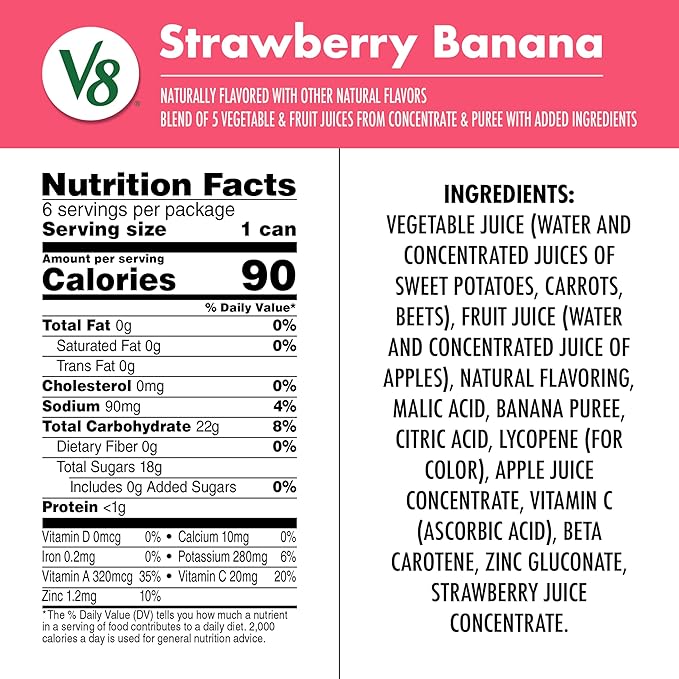 V8 Strawberry Banana 100% Fruit and Vegetable Juice 8 fl oz Can (48 Pack)