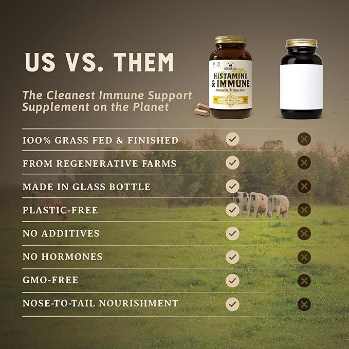 HEART &amp SOIL – 100% Grass Fed &amp Finished Histamine &amp Immune Support Supplement from Regenerative Cattle with Thymus Lung Spleen Liver &amp Kidney – Immune Defense – Glass Bottle – 180