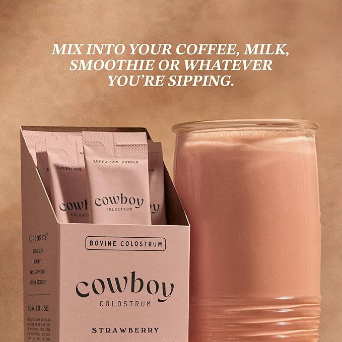 COWBOY - The Exclusive 1st Milking Whole Grass Fed Colostrum Supplement for Full Body Health - Bovine Colostrum Powder Packed w/Bioactive Nutrients (10 Travel Packs - Strawberry)
