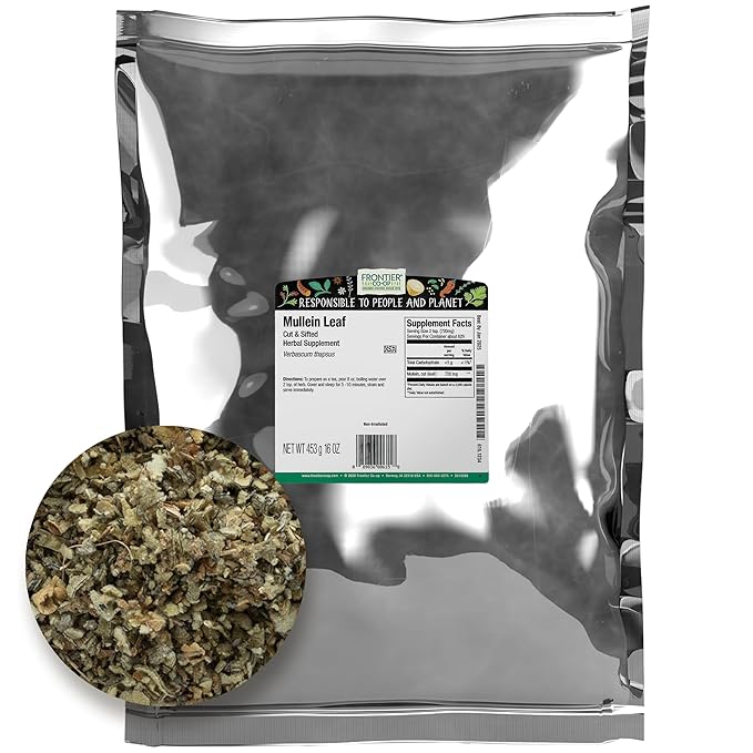 Frontier Co-op Mullein Leaf Cut and Sifted - Dried Mullein Leaves Ideal for Loose Leaf Tea Tea Bags Gummies Extract Capsules - Kosher | 16 Ounce (Pack of 1)