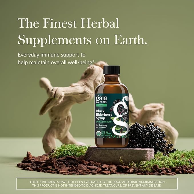 Gaia Herbs Black Elderberry Syrup - Made with Organic Black Elderberries (Sambucus nigra) for Immune System Support* - USDA Certified Organic Formula - 3 Fl Oz (About 18 to 71 Servings)