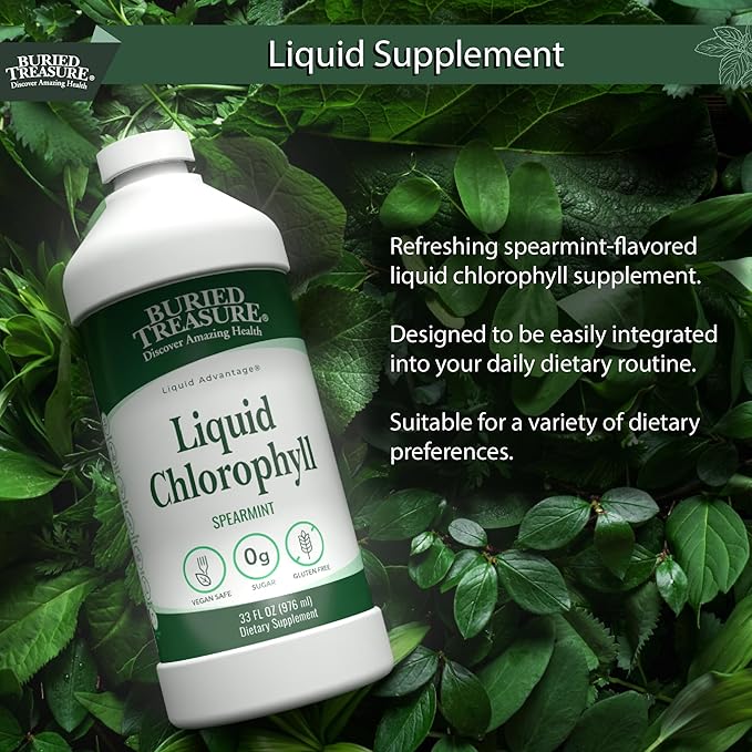 Buried Treasure Liquid Chlorophyll 100 mg Dietary Supplement Intestinal Digestive Support Natural Body Deodorant Vegan Non-GMO Alcohol Free Spearmint Flavor 32oz