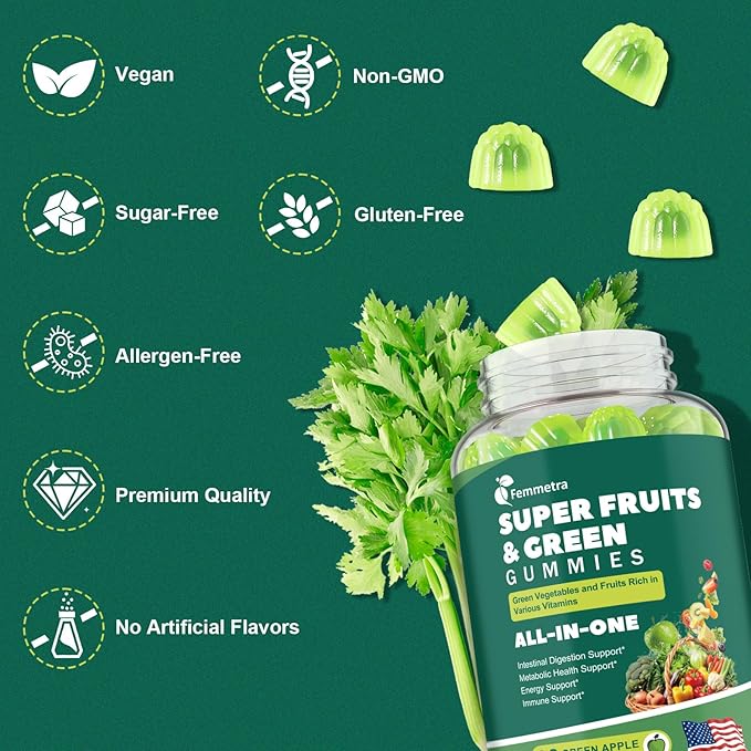 61-in-1 Supergreens Daily Gummies for Women and Men Multivitamin Superfood Gummy with Probiotics for Metabolic Energy and Digestive Health Sugar Free Green Apple Flavor 60 Count