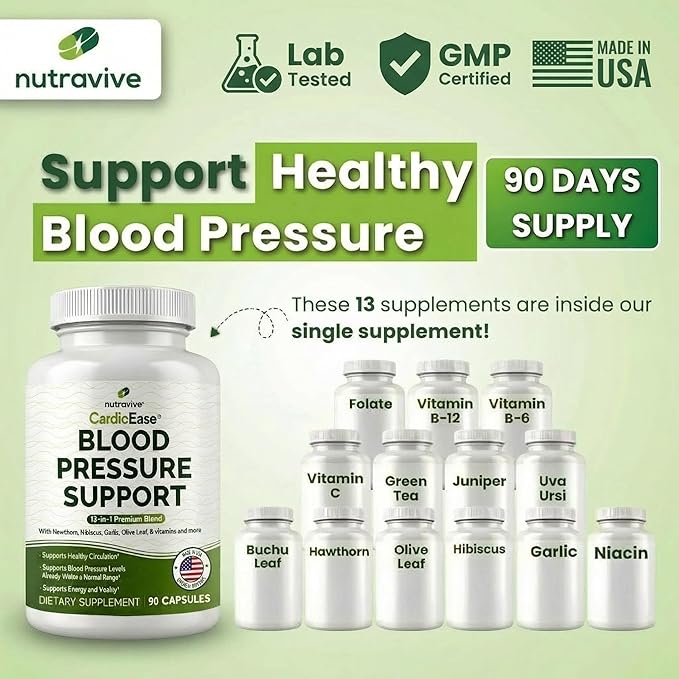 Nutravive 13-in-1 Heart Health Supplement – Supports Healthy Circulation &amp Blood Pressure Levels – with Hawthorn Garlic Olive Leaf Hibiscus B12 Juniper Green Tea and More |GMP|90 Capsules|