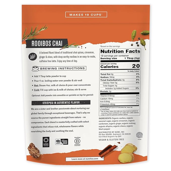 Numi Tea - Organic Rooibos Chai Tea Latte Powder – Rooibos Chai Latte Mix with Cinnamon Cardamom &amp Cloves – Caffeine Free Vegan &amp Gluten Free 3.5 oz (Makes 19 Cups)