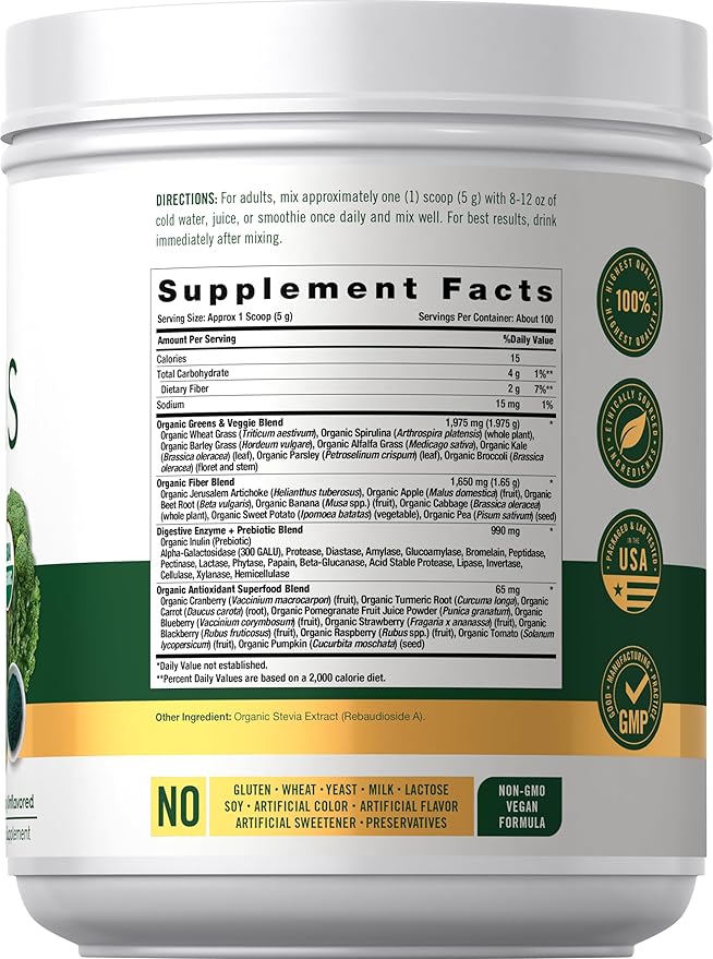 Carlyle Organic Greens Powder | 17.6 oz Supplement | Relieves Occasional Gas discomfort &amp Bloating | with 20+ Superfoods 18 Digestive Enzymes and Prebiotics | Vegan Non-GMO and Gluten Free