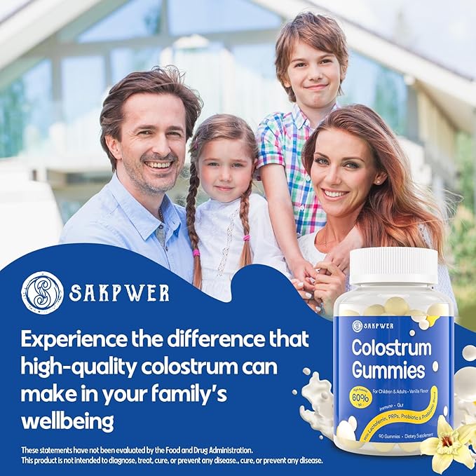 Bovine Colostrum Supplement Gummies - with 60% Highest IgG Lactoferrin Probiotics and Prebiotics for Adults and Kids Vanilla Flavor &amp Sugar Free 90 Gummies