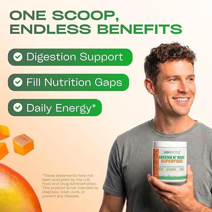 GOBIOTIX Super Greens Powder with Organic Spirulina - Superfood Supplement with Fruit Blend Probiotics and Enzymes for Digestive Health - Vegan Non-GMO - 30 Servings (Mango - 1 Pack)