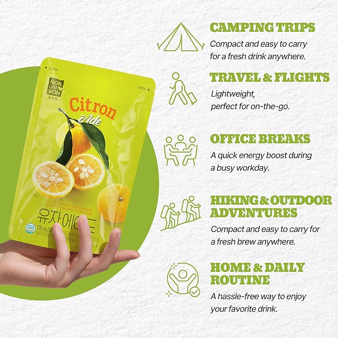 [Nokchawon] Korean Yuzu Juice Drink Pouch - Honey Citron Tea Flavored Ade for Ice Cups and Cocktails - Ready to Serve Citrus Beverage for Spring Refreshment - 10 Pack