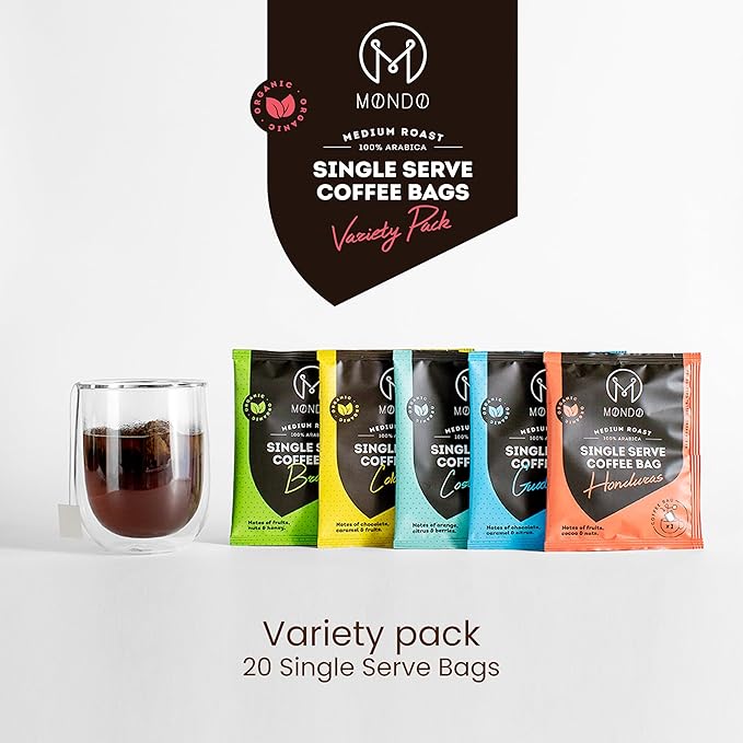 Mondo Single Serve Coffee Bags (20 Cups) Variety Pack - Organic Medium Roast - Disposable Portable Coffee Filters for Camping and Travel Sampler Box of 5 Ground Coffee Flavors
