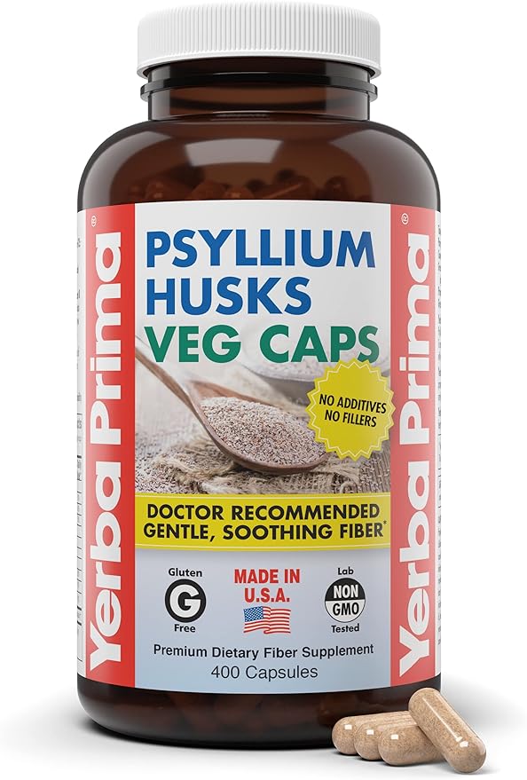Yerba Prima Psyllium Husks Veg Caps 400 Capsules (625mg) - Vegan Non-GMO Gluten Free Colon Cleanser Daily Fiber Supplement for Gut Health &amp Regularity