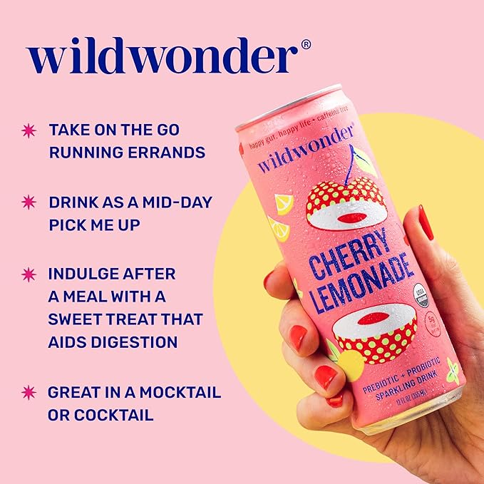 NEW! wildwonder Sparkling Probiotic Drink 12pk For Gut Health &amp Immune Support Cherry Lemonade 5g Prebiotic Fiber Live Probiotics Organic Vegan Low Sugar 12 Pack 12oz Can Seen on Shark T