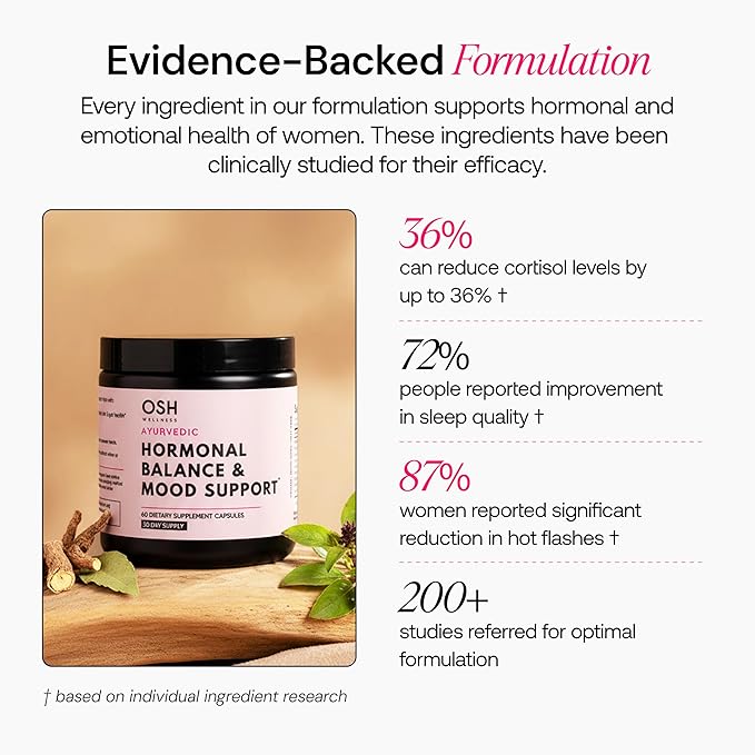 Ayurvedic Hormone Balance for Women | Cortisol Reducer | Mood Energy &amp Sleep Support | Regulates Estrogen | Stress Relief | Ashwagandha Rhodiola &amp Shatavari | Made in USA | 60 Ct. - OSH We