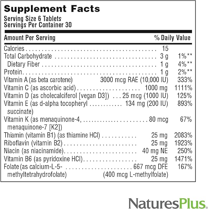 NaturesPlus Source of Life No Iron - 180 Mini-Tabs - Multivitamin &amp Mineral Supplement - Supports Natural Energy &amp Overall Well-Being - Gluten Free Vegetarian - 30 Servings