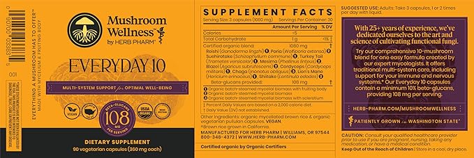 Mushroom Wellness Everyday 10: Organic 10-in-1 Mushroom Capsules with Lion's Mane Shiitake Reishi Turkey Tail &amp More Mushroom Powder Supplement Immune &amp Nervous System Support 90 Vegan C