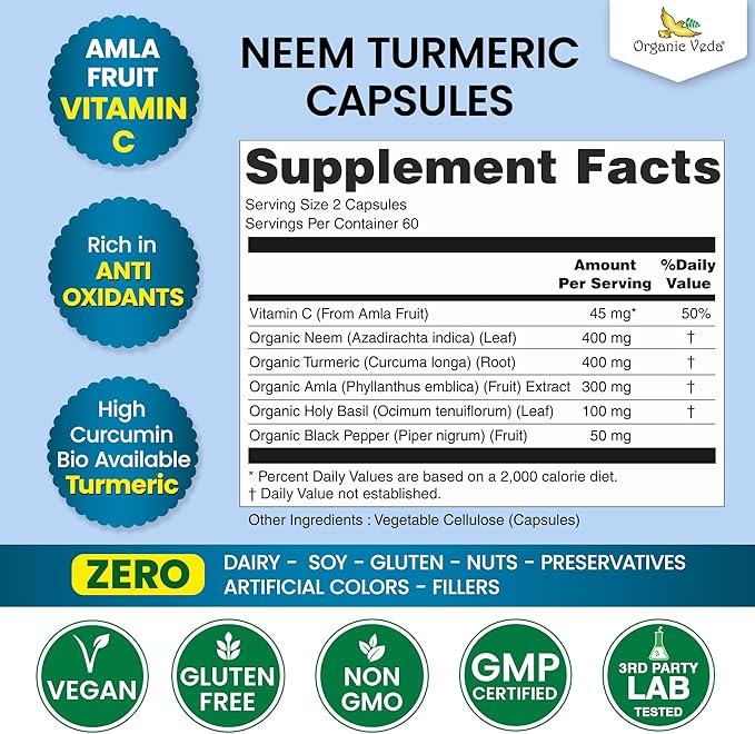 Organic Veda Neem Turmeric Capsules - 5 in 1 Herbal Complex with Amla Fruit Holy Basil Black Pepper - Immune Cleanse Skin &amp Gut Health Supplement with Vitamin C &amp Antioxidants 120 Vegan Ca