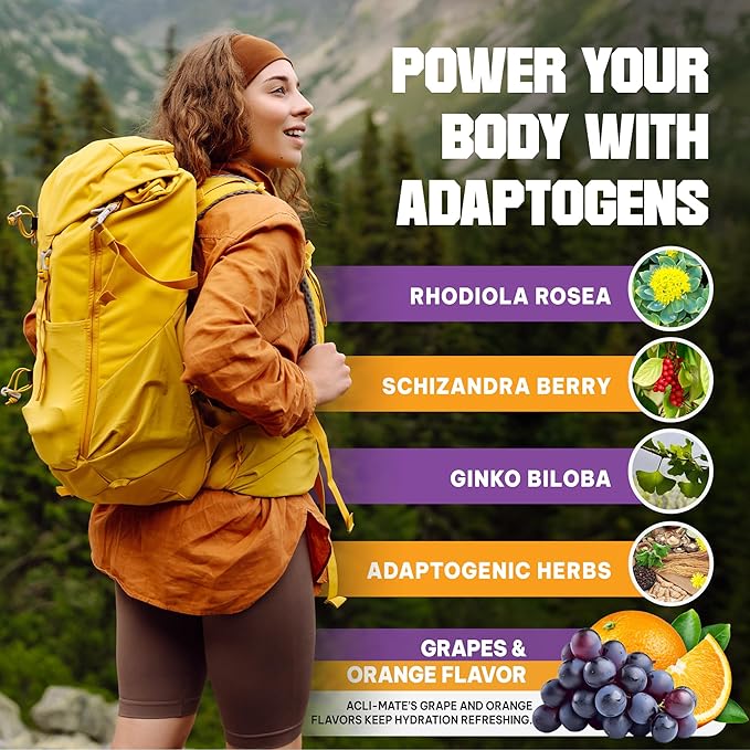 Acli-Mate Mountain Sport Drink Mix - Energy Powder Supplement - High Altitude Acclimatization Hydration - Recovery Drink for Running Cycling Hiking Workout Skiing &amp More (Grape + Orange 60 CT