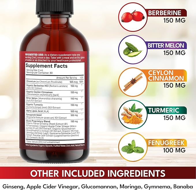 Berberine with Ceylon Cinnamon Supplement Liquid Drops + Bitter Melon Extract Glucomannan Gymnema Chromium Turmeric Panax Ginseng Moringa- 8 OZ