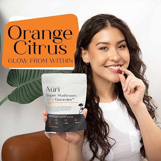 Auri Nutrition Super Mushroom HSN Gummies - Hair Skin and Nails Gummies Functional Mushrooms Supplement - with Wild Chaga Chlorophyll Lutein and Astaxanthin - 60 Orange Citrus Gummies