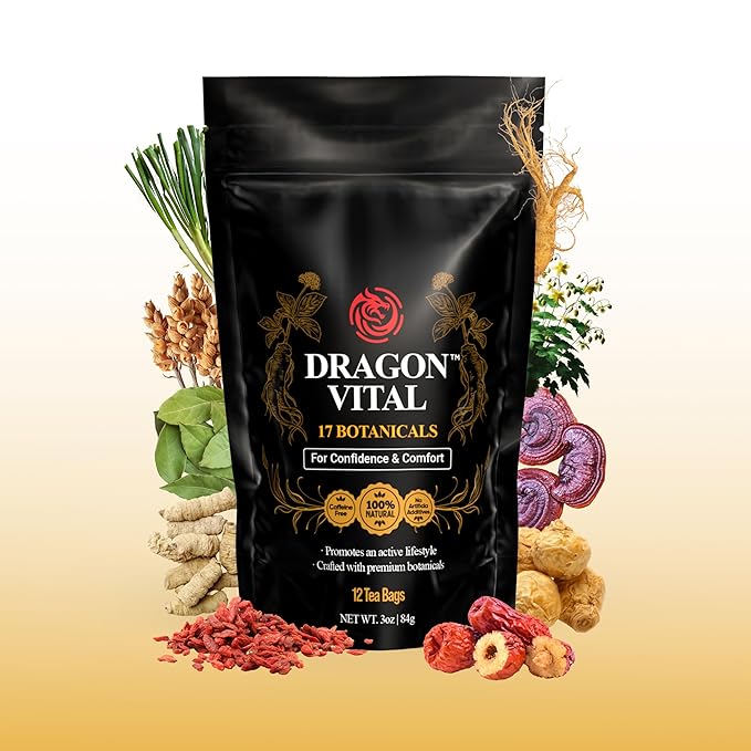Dragon Vital Herbal Tea with Ginseng &amp Maca – Natural Energy Support | Caffeine-Free Botanical Blend for Vitality &amp Active Living | All natural - NON-GMO &amp No Preservatives |12 Tea Bags |