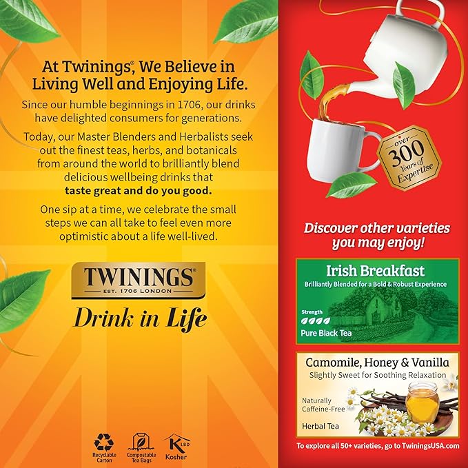 Twinings English Breakfast Black Tea Individually Wrapped Bags 25 Count (Pack of 6) Flavourful Robust Black Tea Caffeinated Enjoy Hot or Iced 150 Teabags