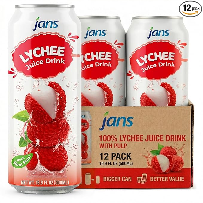 Lychee Juice Drink with Pulp 16.9 oz (Bulk Pack of 12) by Jans — Fat-Free Cholesterol-Free Refreshing Taste of the Tropics