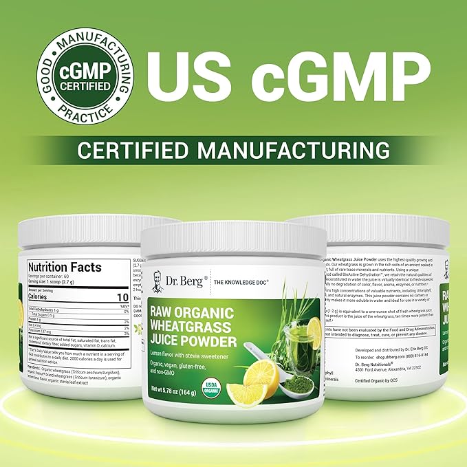 Dr. Berg USDA Certified Organic Green Powder Superfood (60 Servings) - Made with Raw Wheatgrass Chlorophyll Trace Minerals &amp Natural Enzymes - Non-GMO Green Superfood Powder - Lemon Flavor