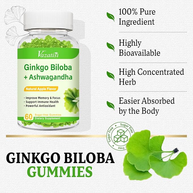 2 Pack Ginkgo Biloba Gummies 240MG with Panax Ginseng for Better Mood and Focus Booster Brain Health 120 Vegan Apple Flavor Gummies