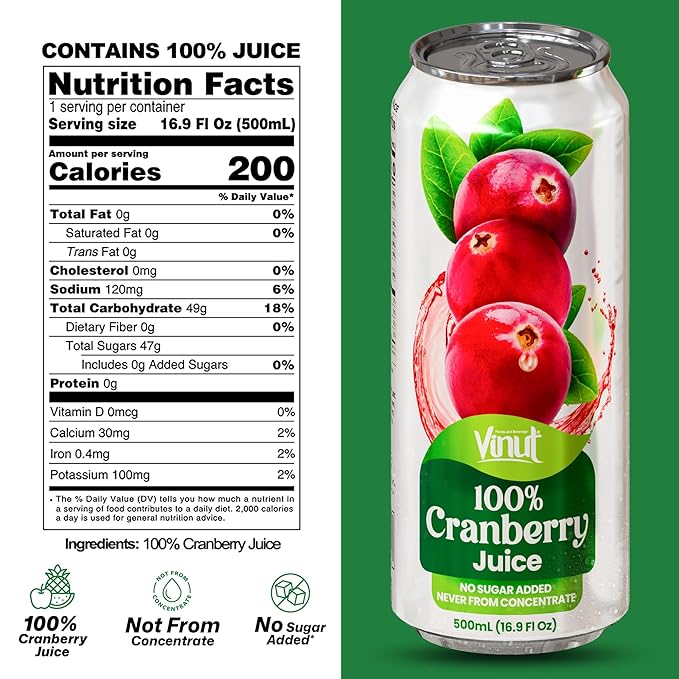 VINUT 100% Cranberry Juice No Added Sugar Not From Concentrate 16.9 fl oz (500 mL) Can Pack of 12