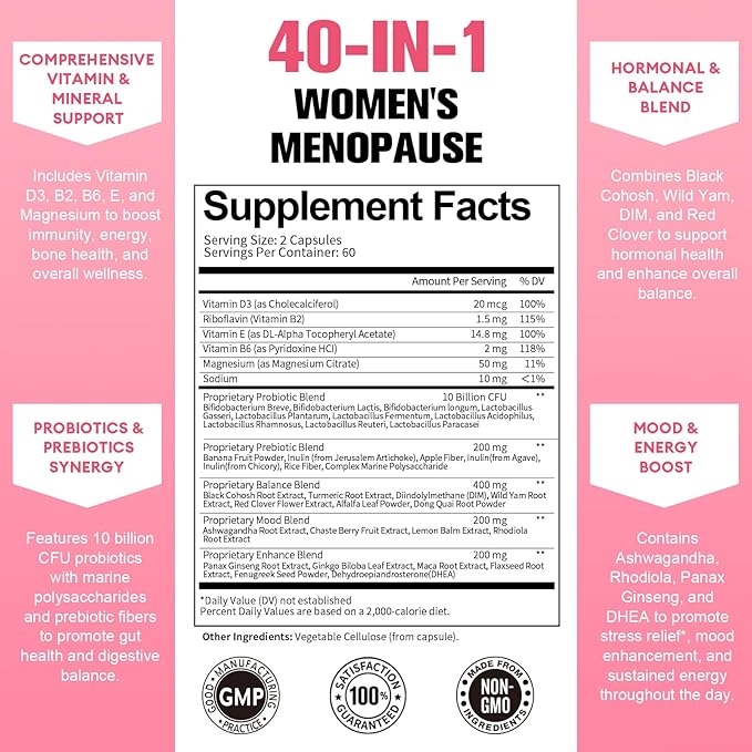 40-in-1 Menopause Supplements for Women Multibenefit &amp Complete Black Cohosh for Hot Flashes Night Sweats &amp Hormone Balance w/ Probiotics DIM Vitex Dong Quai Red Clover and More 120 Ve