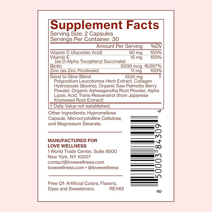 Love Wellness Good to Glow | Collagen Supplement with Biotin Vitamin C E Ashwagandha &amp Zinc | Promotes Smooth Glowing &amp Clear Skin | Enhances Smoothness &amp Promotes Healthy Skin | 60 Co