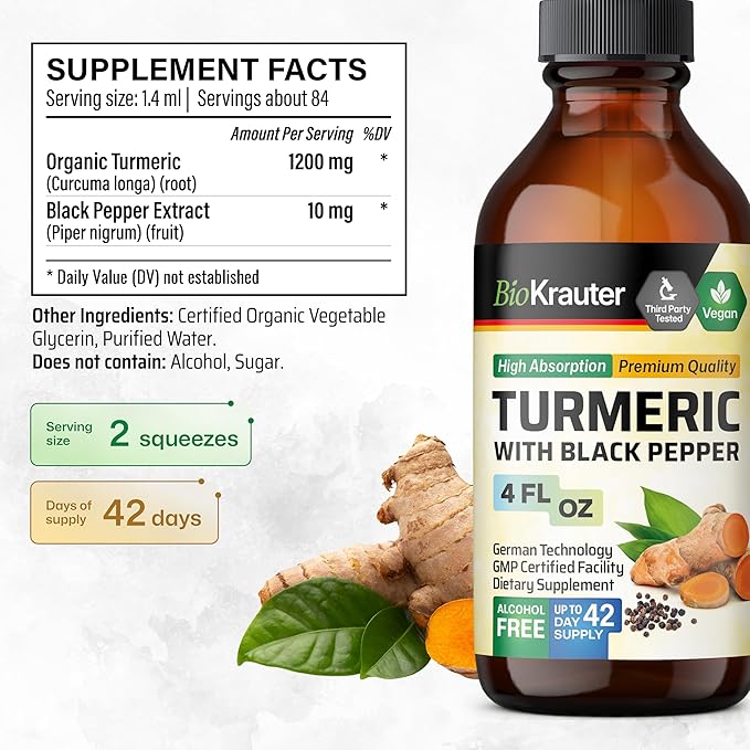 BIO KRAUTER® Turmeric Supplement for Joint Support - Pure Vegan Curcumin with Black Pepper 4 Fl.Oz 56 Days of Supply - Curcumin Drops 1200 mg for Antioxidant &amp Immune Support - Alcohol &amp Sugar