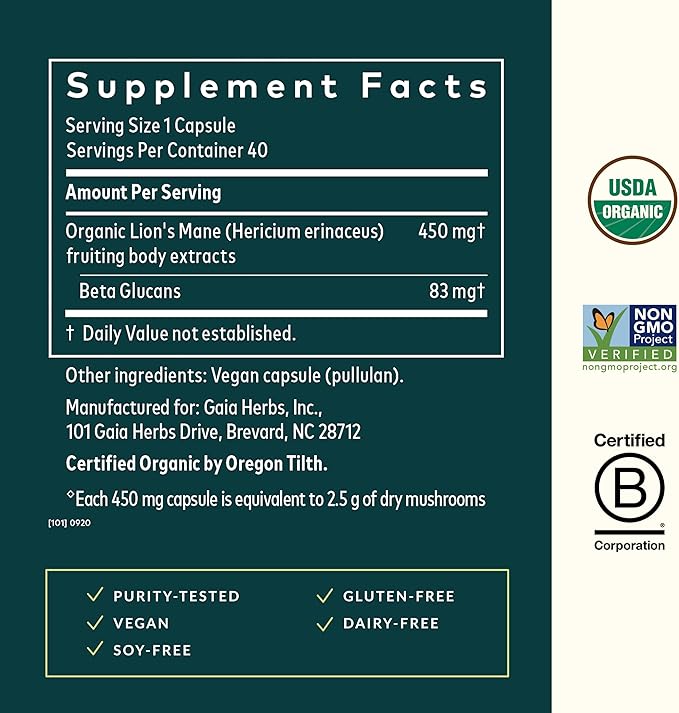 Gaia Herbs Lion's Mane Mushroom - Brain &amp Nerve Health Support* - 40 Vegan Capsules (40 Servings)