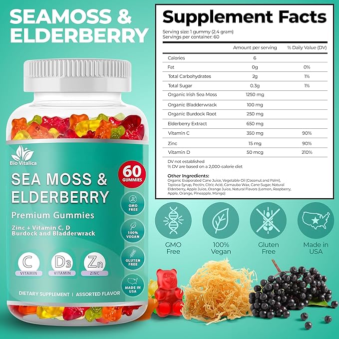 BIO VITALICA Sea Moss Gummies Elderberry BioVitalica - Vitamin C D + Zinc - Irish Seamoss Vegan Gummy with Sea Moss Gel &amp Powder for Immunity Detox - for Adults and Kids (2Packs)
