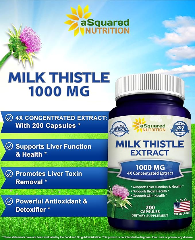 aSquared Nutrition Milk Thistle Supplement 1000mg-200 CapsulesMax Strength 4X Concentrated Extract 4:1 Milk Thistle Seed Powder Herb Pills 1000 mg Silymarin Extract for Liver Support Cleanse Detox
