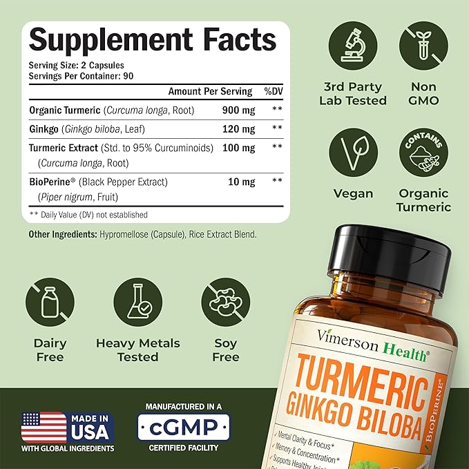Ginkgo Biloba and Turmeric Curcumin Supplement with Black Pepper &amp Organic Tumeric – Natural Turmeric Supplement for Focus Memory Joint &amp Brain Health – 180 Vegan Ginko Biloba Capsules with