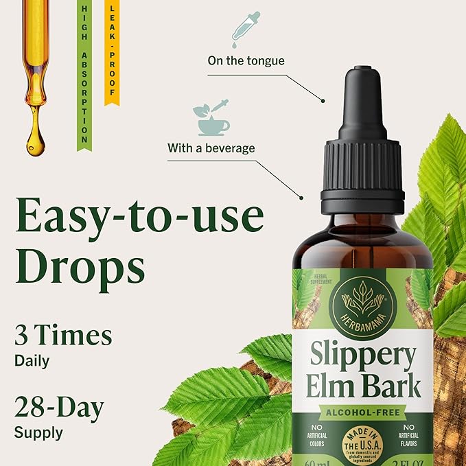 HERBAMAMA Slippery Elm Liquid Drops - Vegan Respiratory &amp Digestive Support with Slippery Elm Bark Extract - Non-GMO Alcohol &amp Sugar-Free Supplement Tincture 28-Day Supply