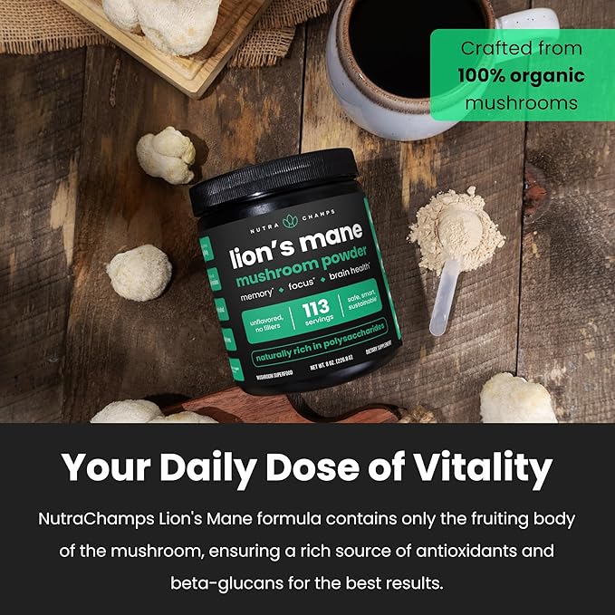 NutraChamps Organic Lions Mane Powder - 2000mg Powerful Nootropic for Memory Focus Immune Support - Vegan Lion’s Mane Mushroom Powder Supplement with Naturally Occurring Beta-Glucans - 8oz