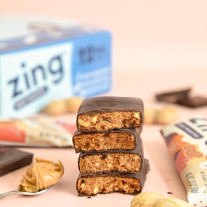 Zing Dark Chocolate Peanut Butter Vegan Protein Bars Gluten Free with High Protein High Fiber Dairy Free Nutrition Bars Plant Based Protein Kosher Low Sugar No Sugar Alcohols - 12 count