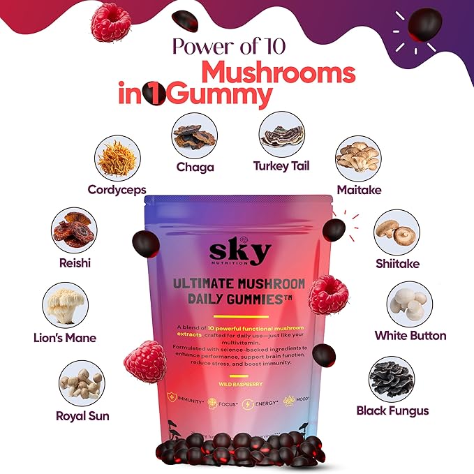 Mushroom Gummies - 10-in-1 Adaptogenic Mushroom Supplement for Adults - Lions Mane Reishi Cordyceps Chaga Turkey Tail - Raspberry Flavored Vegan Gummies for Focus &amp Energy - 60 Ct.