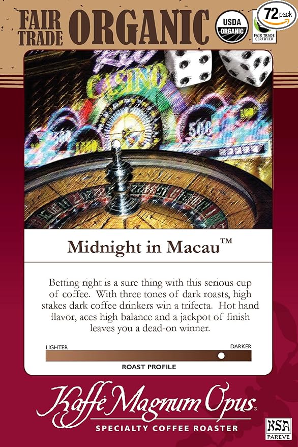 Kaffe Magnum Opus Midnight in Macau Coffee Ground Fair Trade Organic 72 Packs of 2.5 oz Each Freshly Roasted Bold Dark Roast