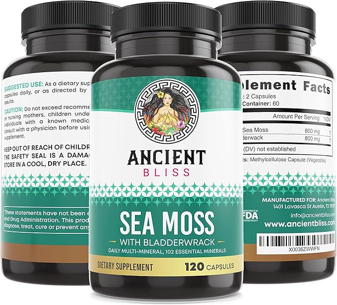 Ancient Bliss Organic Irish Sea Moss Pills - Dr Sebi Wildcrafted Seamoss Capsules | Thyroid Healthy Skin &amp Gut Support | 120 Capsules