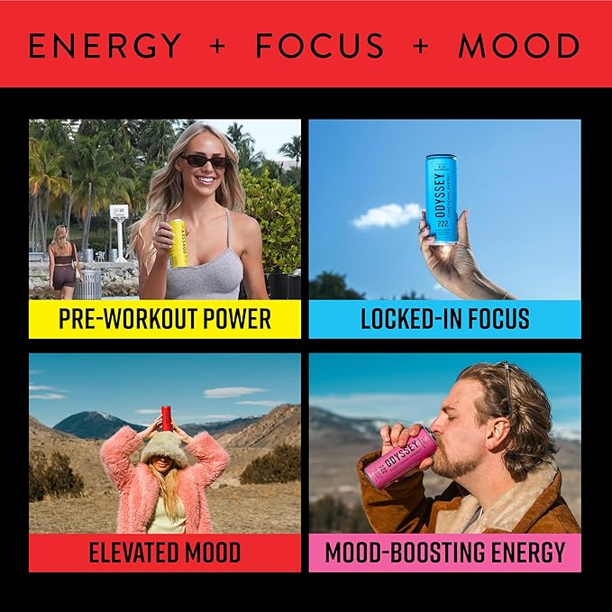 Odyssey Functional Energy Drink for Focus Cognition &amp Mood Support 12 Pack - Adaptogenic Drink with 222mg Green Tea Caffeine Lion’s Mane Cordyceps L-Theanine &amp Ginseng - Variety Pack