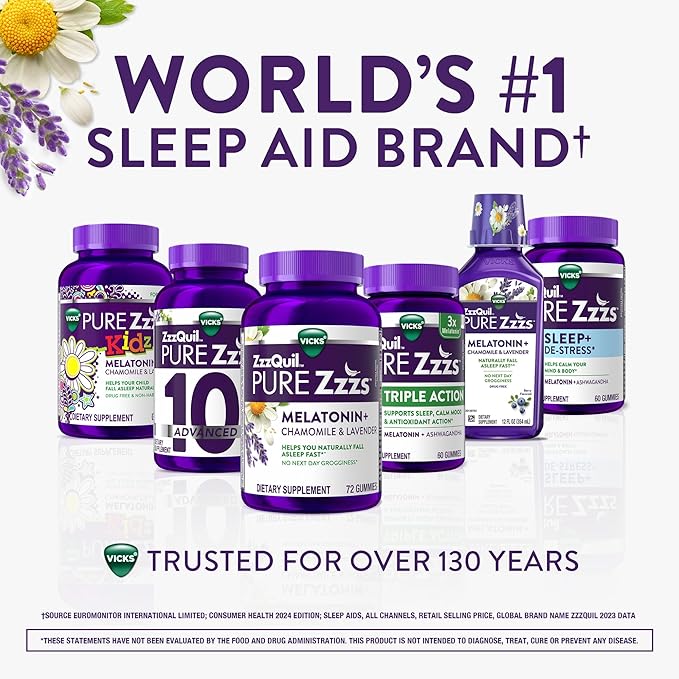 ZzzQuil Pure Zzzs Advanced Melatonin Gummies Melatonin 10mg Sleep Aid with Chamomile &amp Lavender Melatonin Sleep Gummies Sleep Aids for Adults Berry Flavored 100 Sleep Gummies