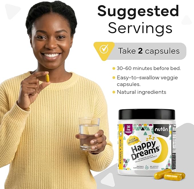 Nuton Happy Dreams Natural Sleep Aid Supplement &amp Cellular Vitality - Melatonin Sleep Aid for Adults Time Release Formula with ETAS Asparagus L-Serine and Venetron Extract 60 Veggie Capsules