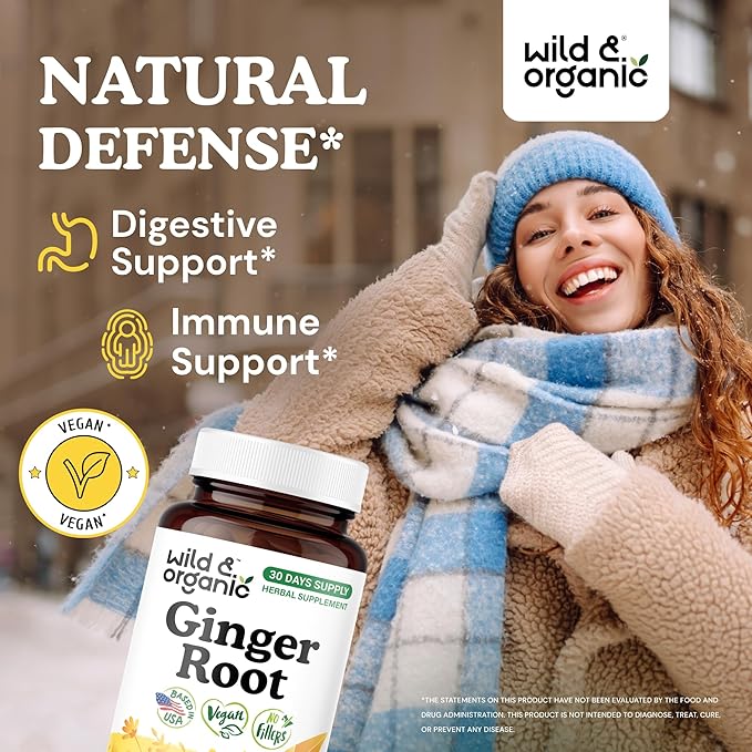 Wild &amp Organic Ginger Root Capsules 1200 mg - Immune &amp Digestive Support - Natural Ginger Supplements - Zingiber Officinale Powder - 30 Days of Supply - Vegan No Fillers Non-GMO - 60 Count